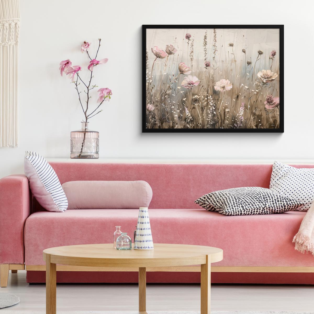 POSTER MIT RAHMENGERAHMTES BILD Blumen - Rosa - Modern - Beige 80x60 cm - Beige, Papier (80/60cm) - MuchoWow
