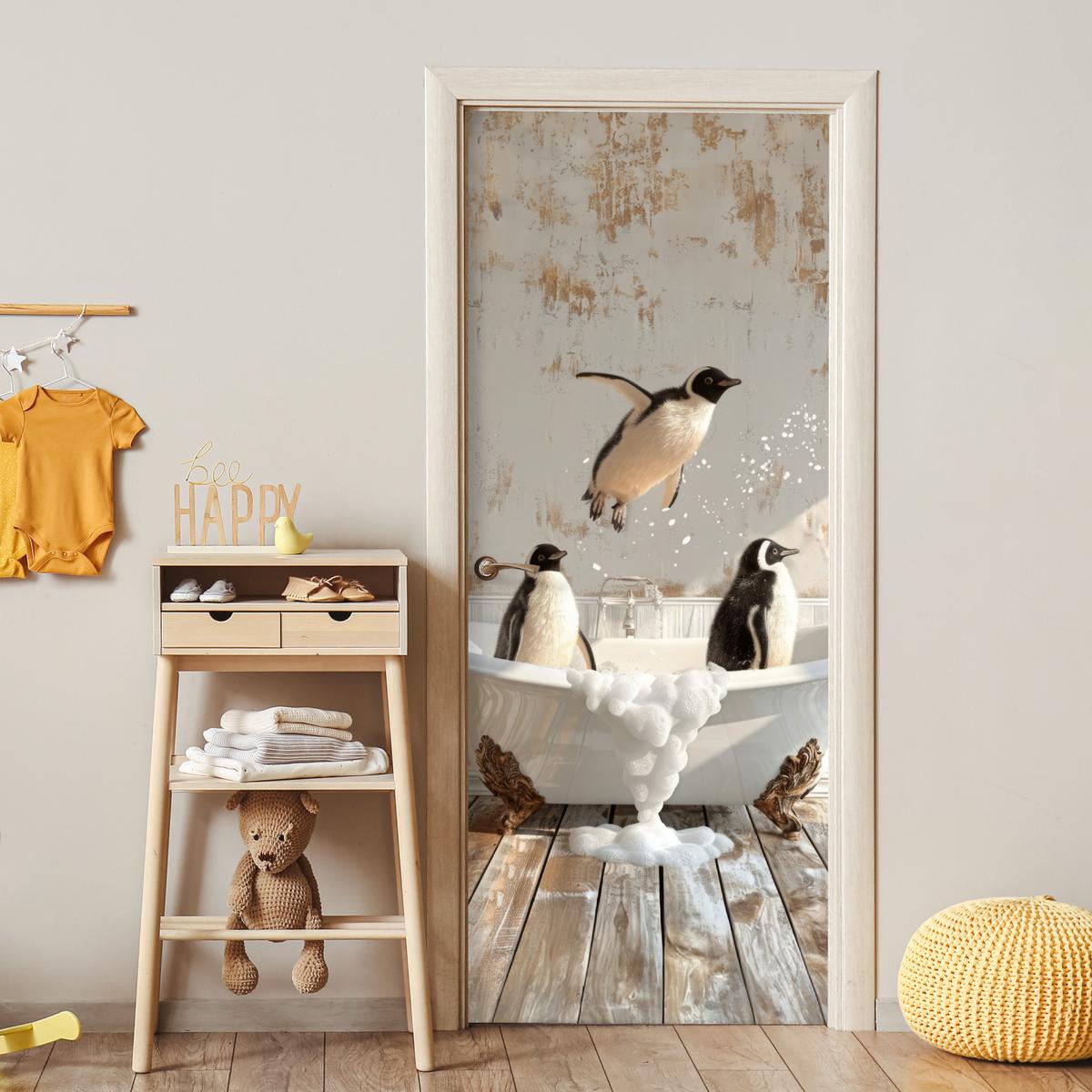 TÜRAUFKLEBER Vintage - Pinguin - Badewanne - Schaumstoff 90x215 cm - Türtapete - Hellbraun, Kunststoff (90/0.1cm) - MuchoWow