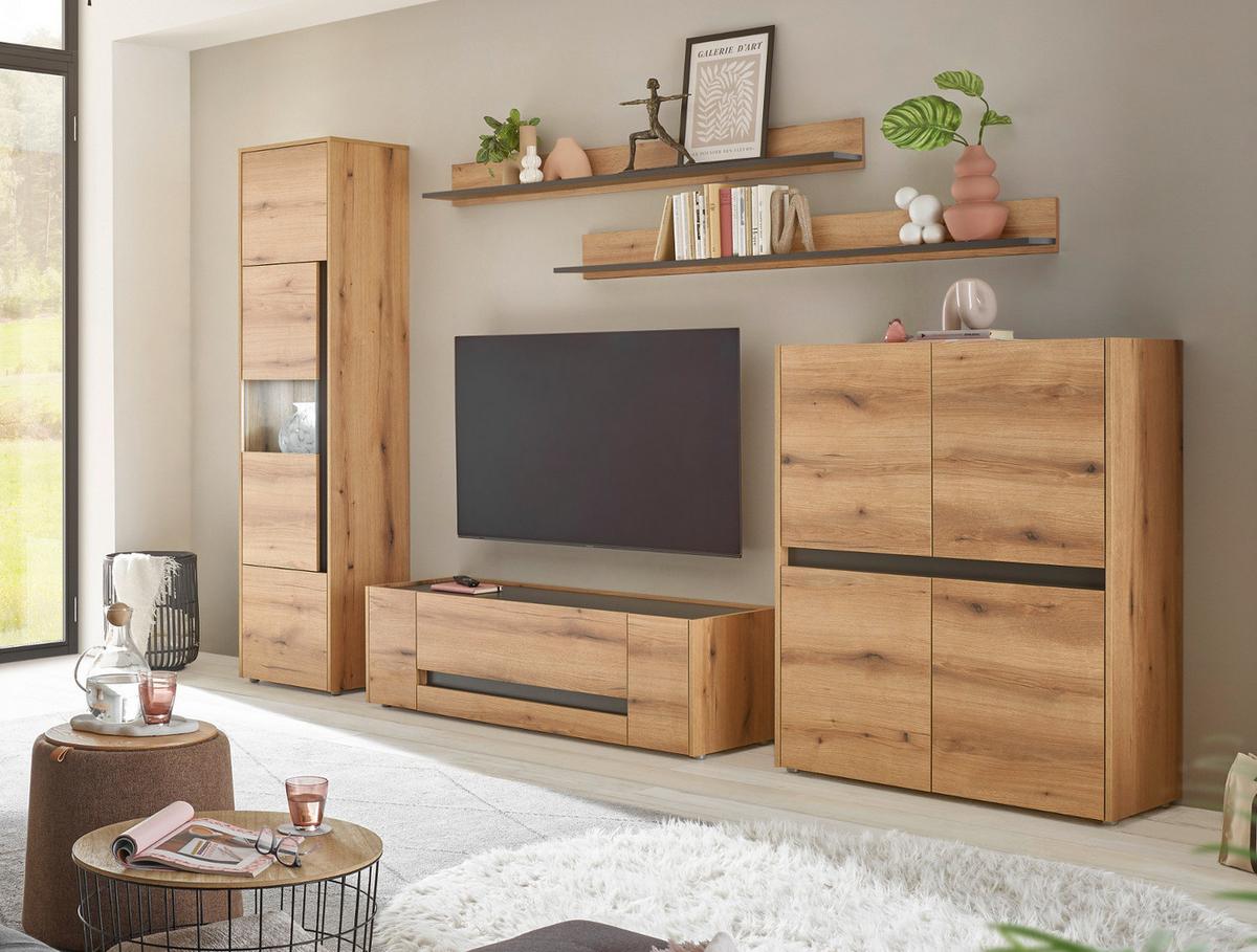 TV-LOWBOARD Eiche Evoke, grau 140 cm, TV-Unterteil mit Doppelschubkasten - Eichefarben/Schwarz, Holzwerkstoff/Kunststoff (140/40/45cm) - Furn.Design
