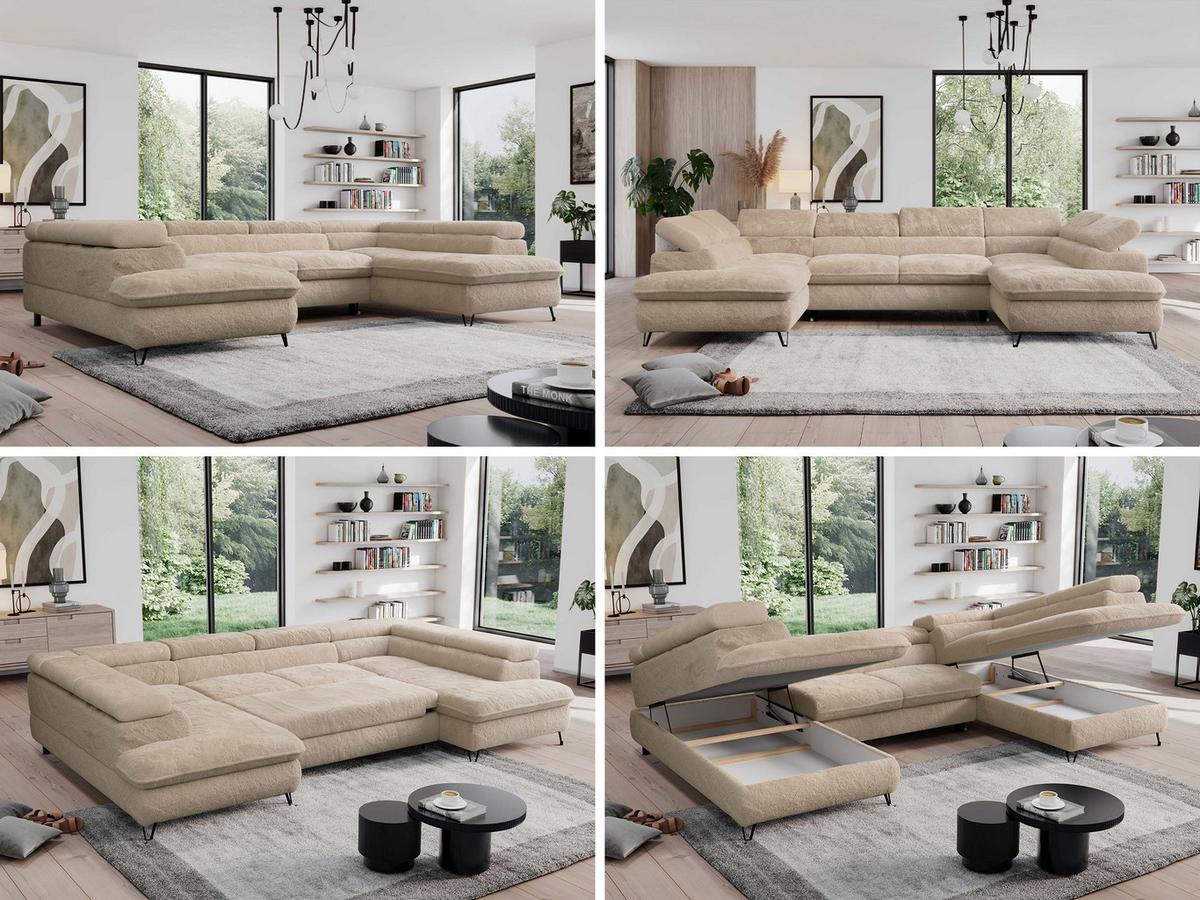 WOHNLANDSCHAFT PEDRO U Plüsch Beige - Beige/Schwarz, Textil/Metall (346/76/208cm) - MKS