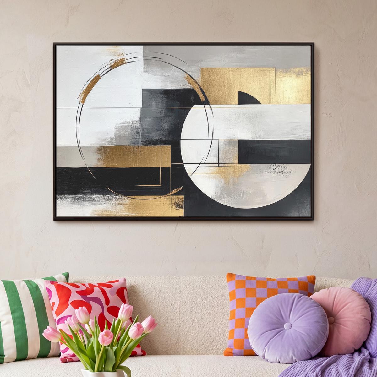 LEINWAND Bilder mit Rahmen - Abstrakt - Gold - Silber - Formen - Ästhetik - 90x60 - Multicolor, Textil (90/60cm) - MuchoWow