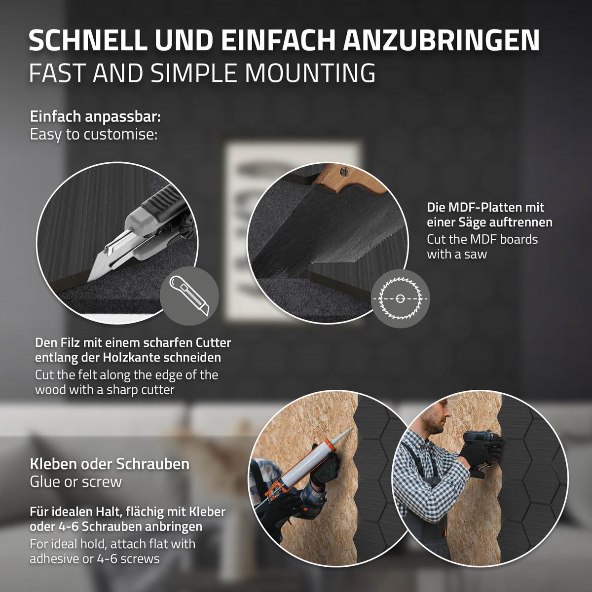 AKUSTIKPANEEL 2er Set Schallschutzplatten Hexagon Schwarz Holzoptik 66x81x2 cm aus Filz - Schwarz, Holzwerkstoff (2.1/81.1/66.6cm) - ML-DESIGN
