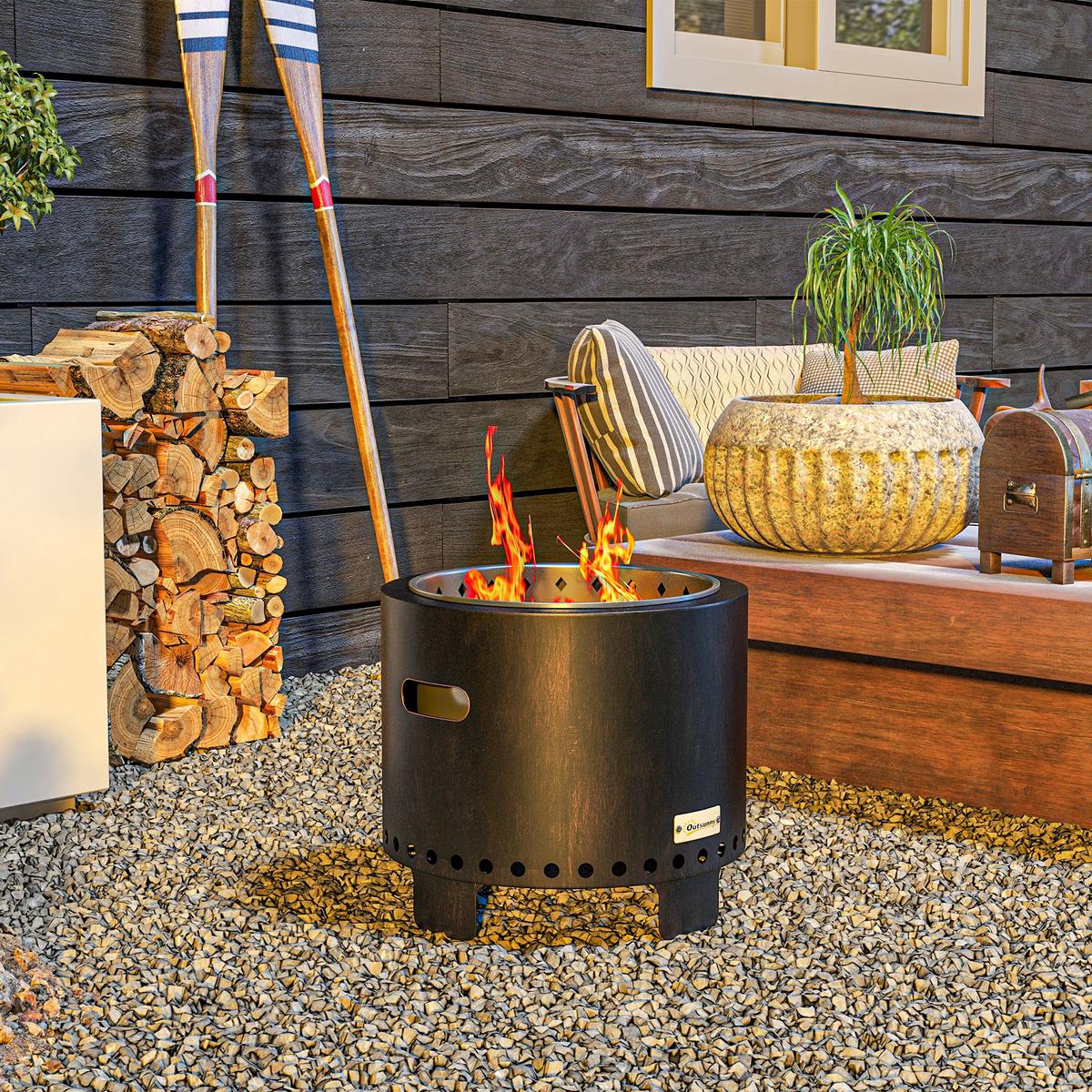 FEUERSCHALE, rauchfreier Tischfeuer, Ø45 cm Feuerstelle mit Griff, Schürhaken - Schwarz, Metall (45/42/45cm) - Outsunny