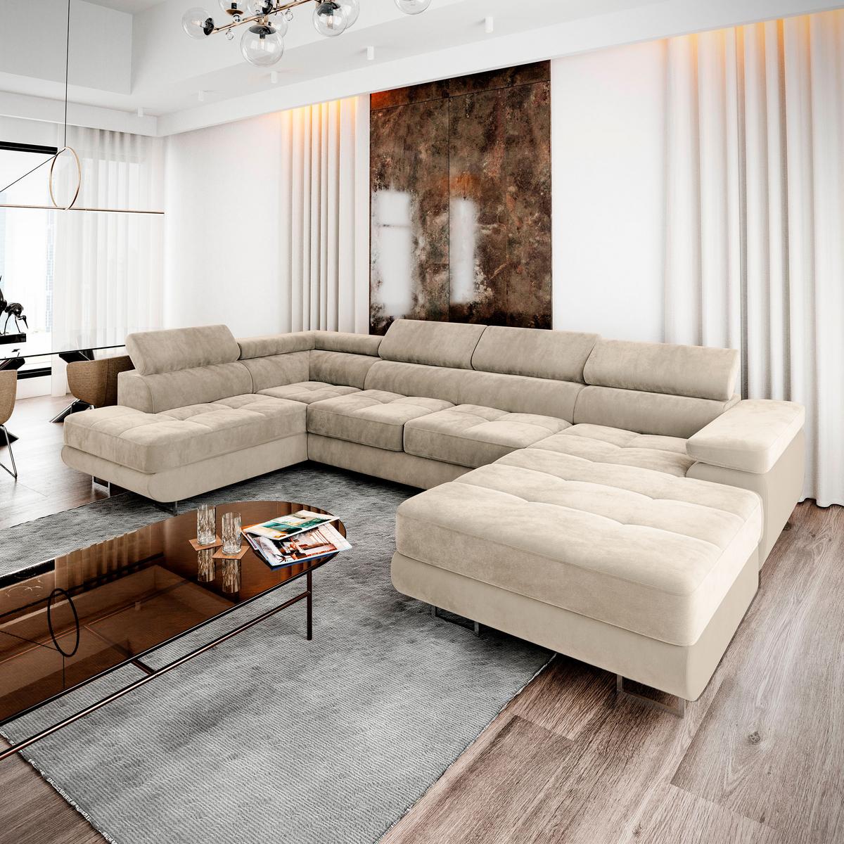 WOHNLANDSCHAFT CASONE L-S Creme Velours-Stoff mit Schlaffunktion - Silberfarben/Creme, Holz/Textil (345/90/202cm) - MASSENO