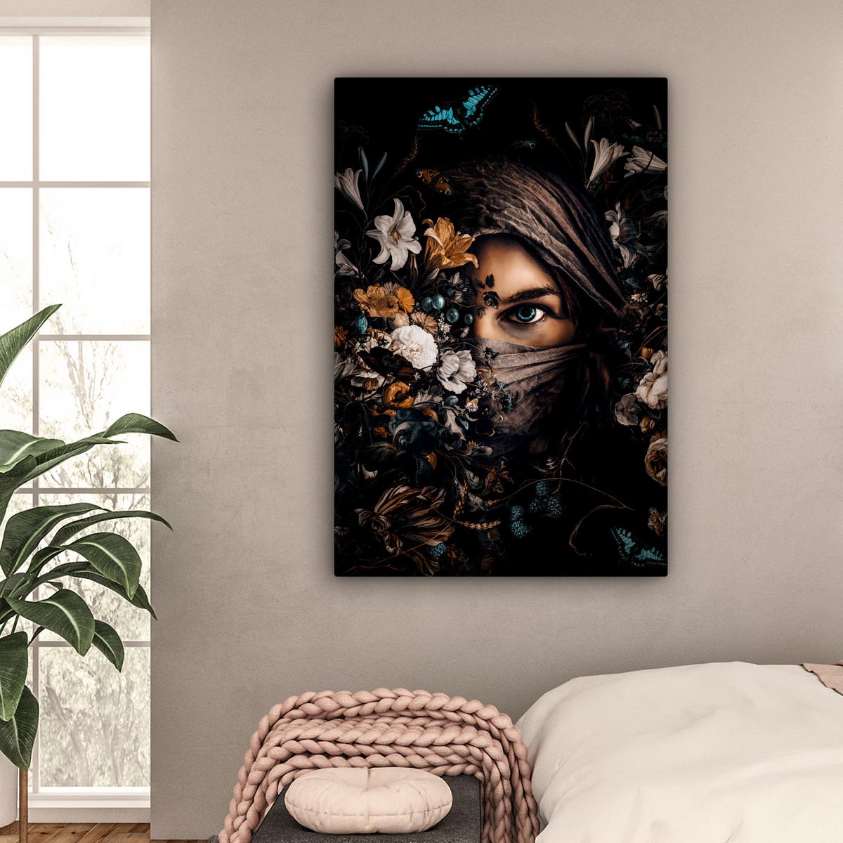 LEINWANDBILD Frau - Luxus - Blumen - Schmetterling - Porträt Deko XXL 80x120 cm - Schwarz, Textil (80/120cm) - MuchoWow