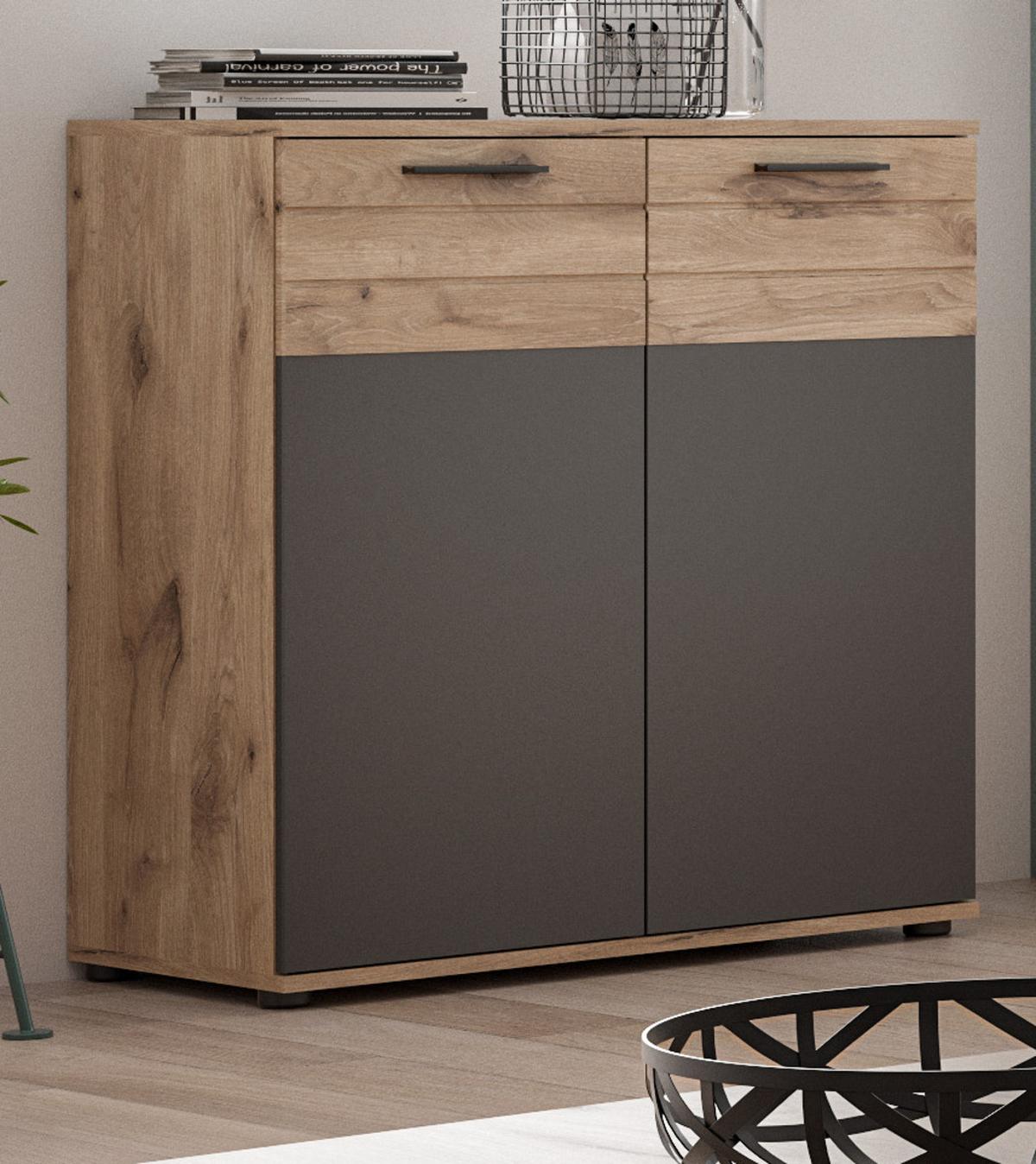 KOMMODE Eiche, grau 80 cm, Sideboard mit Soft-Close, Wohn- und Esszimmermöbel - Eichefarben/Schwarz, Holzwerkstoff/Kunststoff (80/87/40cm) - Inn.Furn