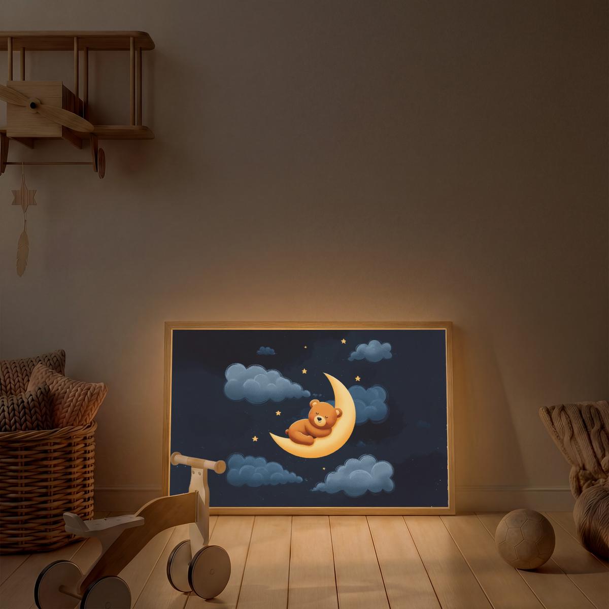 WANDLEUCHTE MIT AKKU Teddybär - Mond - Wolken - Sterne 100x70 cm - Dunkelblau, Holzwerkstoff (100/70/8cm) - OnlyWow