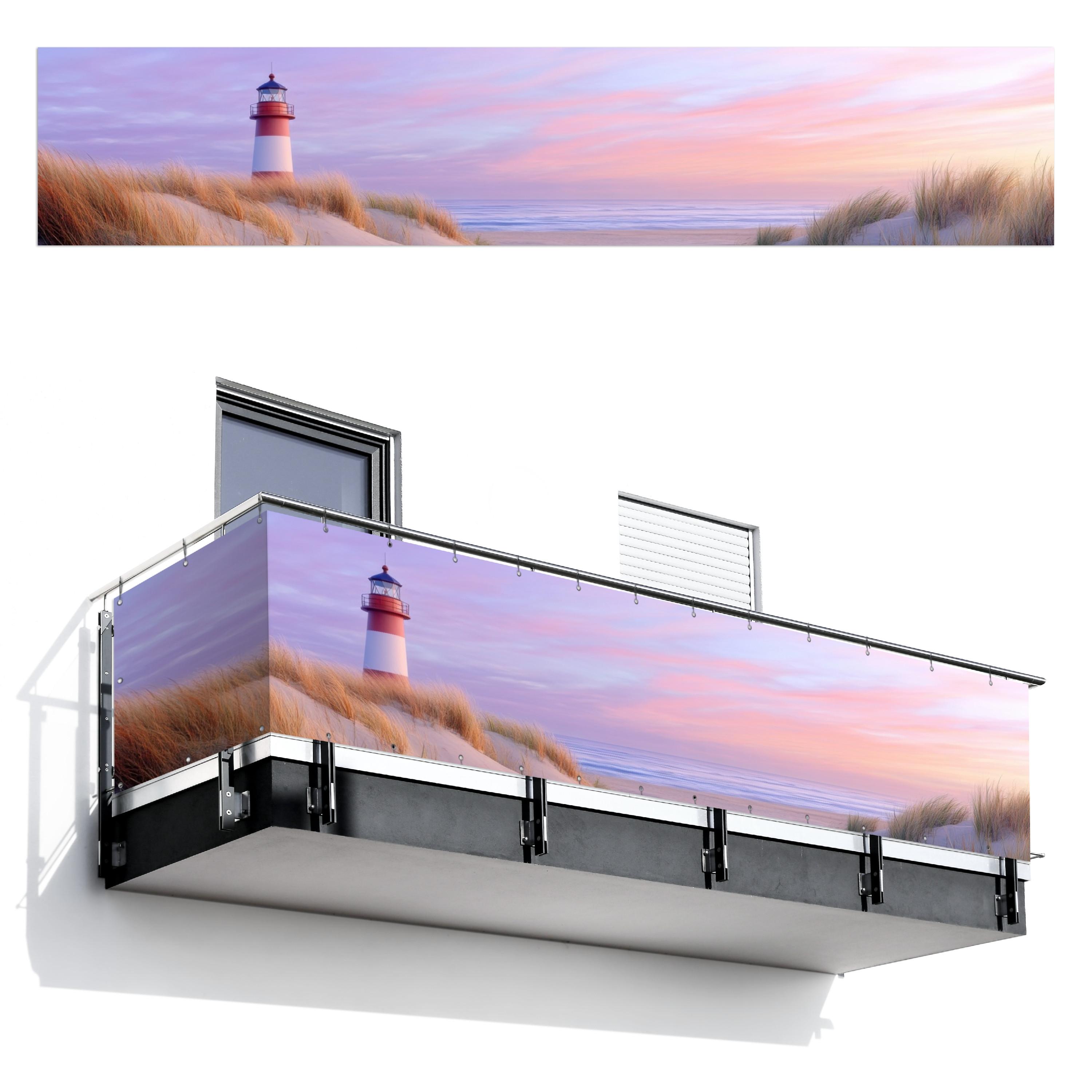 BALKON-SICHTSCHUTZ Leuchtturm - Dünen - Sonnenuntergang Deko XXL 500x100 cm - Hellrosa, Kunststoff (500/100cm) - MuchoWow