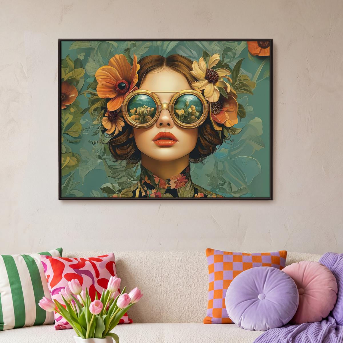LEINWAND Bilder mit Rahmen - Frau - Blumen - Schmetterlinge - Natur - Vintage - 100x70 - Salbeigrün, Textil (100/70cm) - MuchoWow