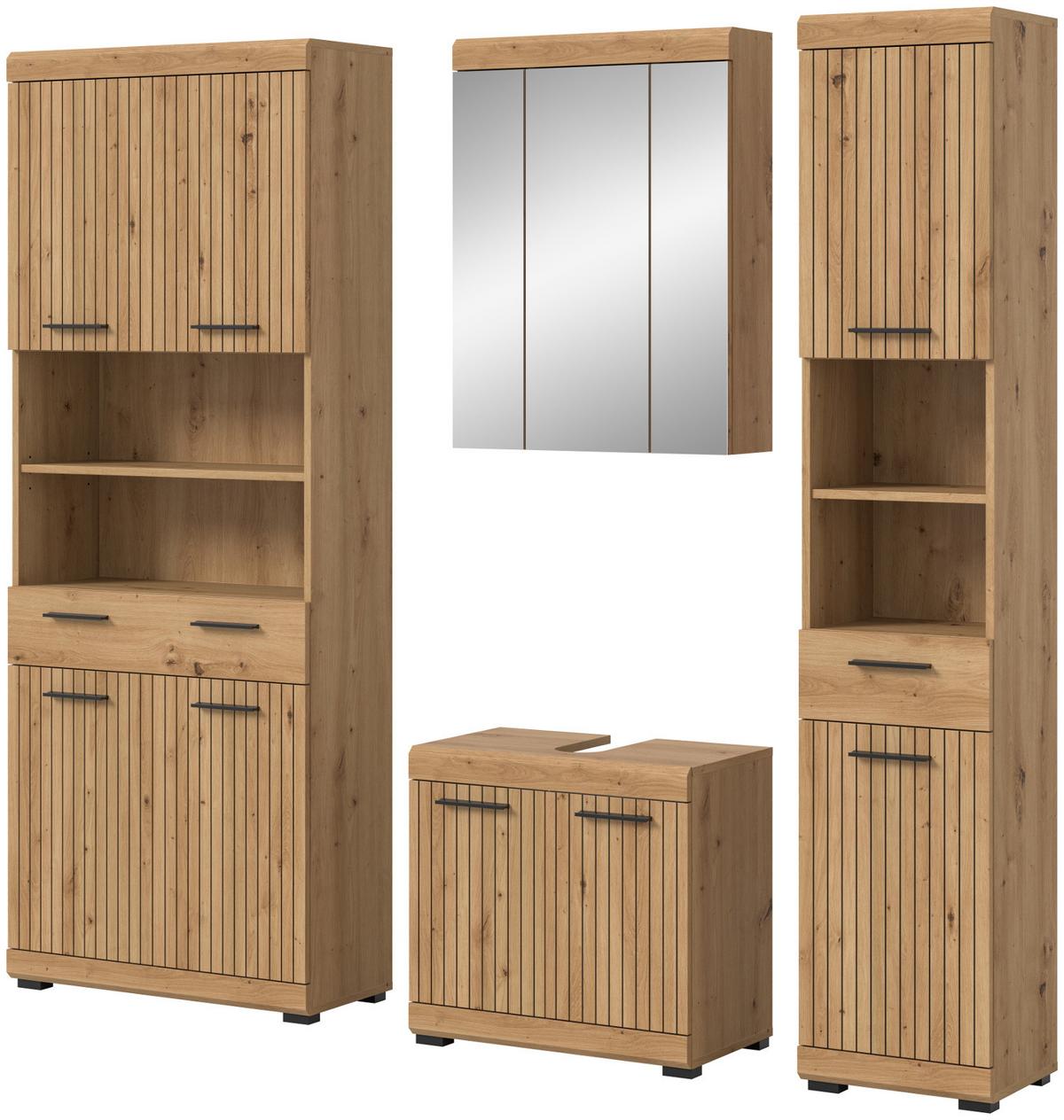 BADMÖBEL-SET Eiche Artisan 200 x 191 cm 4-teilig, Komplettset mit viel Stauraum - Schwarz/Eiche Artisan, Glas/Holzwerkstoff (201/191/34cm) - Inn.Furn