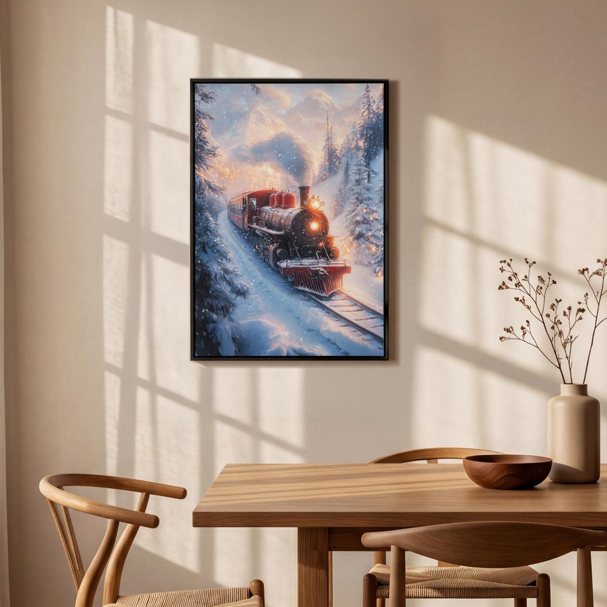 LEINWAND Bilder mit Rahmen - Weihnachtszug - Schnee - Winter - Weihnachten - 60x90 - Dunkelrot, Textil (60/90cm) - MuchoWow