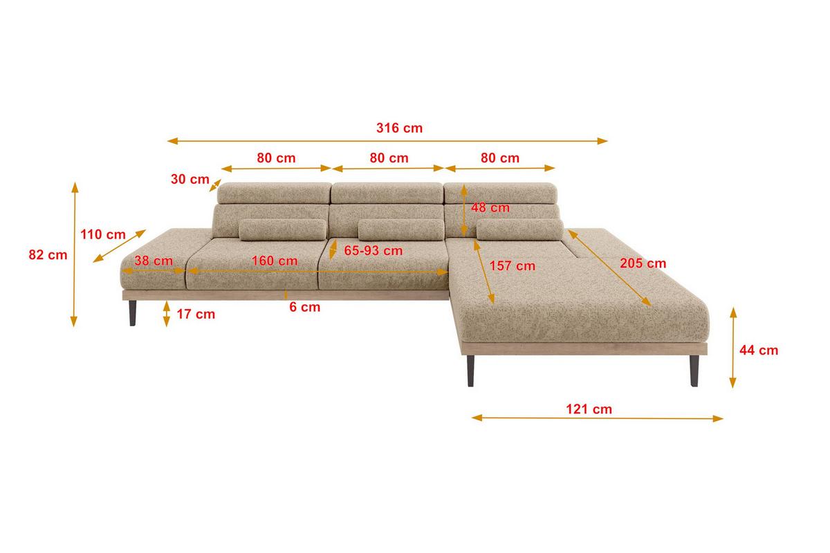 ELEKTRISCHES ECKSOFA Rechts MONA 316x205x85 Braun Velours - Braun, Holzwerkstoff/Textil (316/205cm) - ALTDECOR