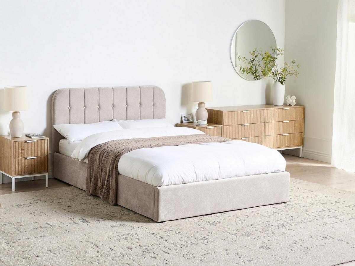 BETT mit Stauraum 140/200 cm Chenillegewebe Taupe Challans - Taupe, Textil (140/200cm) - Beliani
