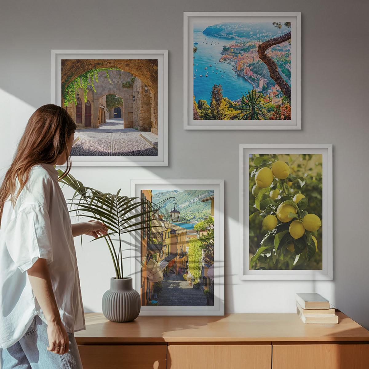 BILDER SET 4er Set - 50x50 cm & 40x60 cm Weißer Rahmen - Straßen am Meer, ein Meer aus Zitronen - Weiß, Kunststoff (50/50cm) - TULUP