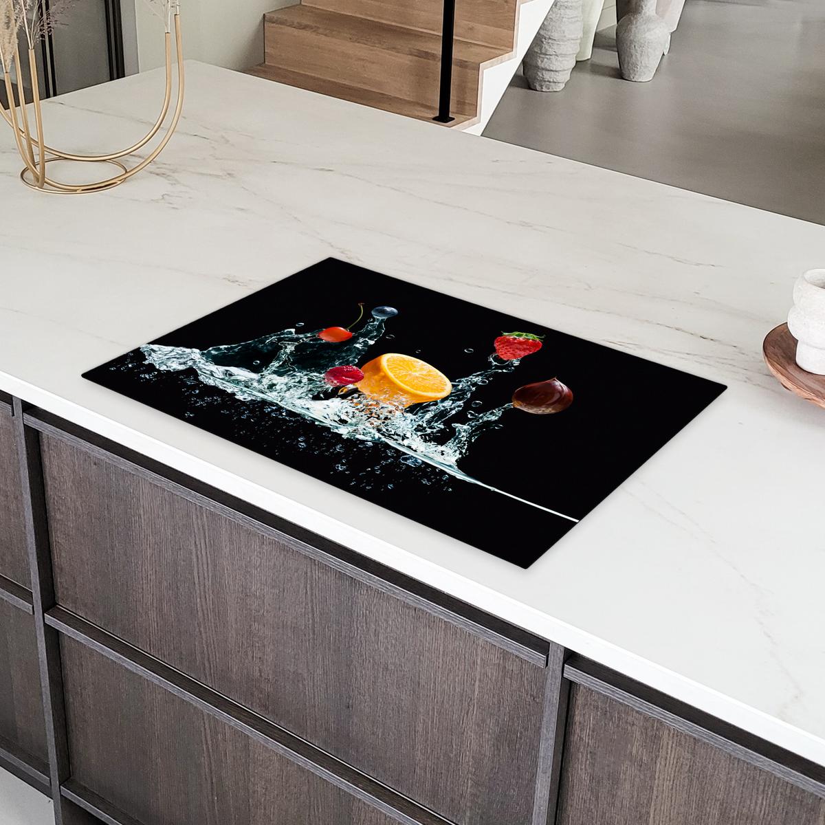 HERDABDECKPLATTE Wasser - Obst - Orange - Erdbeere - Kirsche - Schwarz Induktionsmatte 81x52 cm - Orange, Kunststoff (81/52/0.2cm) - MuchoWow
