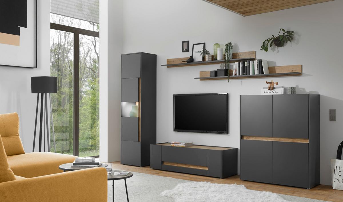 HIGHBOARD grau matt, Eiche Wotan 100 x 120 cm, Kommode 4-türig, 8 Fächer - Eiche Wotan/Grau, Holzwerkstoff/Kunststoff (100/120/40cm) - Furn.Design