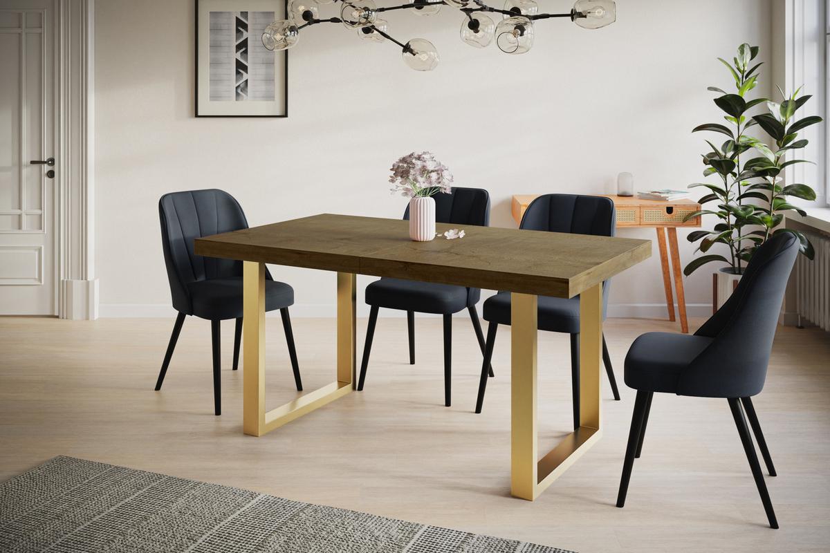 INDUSTRIELLER Esszimmertisch LOFT-U, ausziehbarer Tisch, Größe: 120-220X80X77 cm, Wohnzimmertisch Farbe: LEFKAS, mit Metallbeinen in Farbe Gold - Dunkelbraun/Goldfarben, Holzwerkstoff (120/80/77cm) - Alpi-Möbel