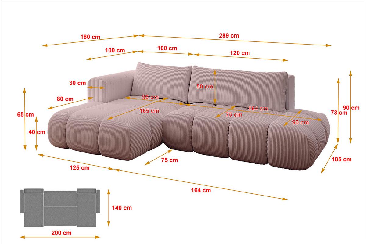 ECKSOFA Ottomane Links CLOUD-L 280x185x90 Rosa Cord - Rosa, Holzwerkstoff/Kunststoff (180/289cm) - ALTDECOR