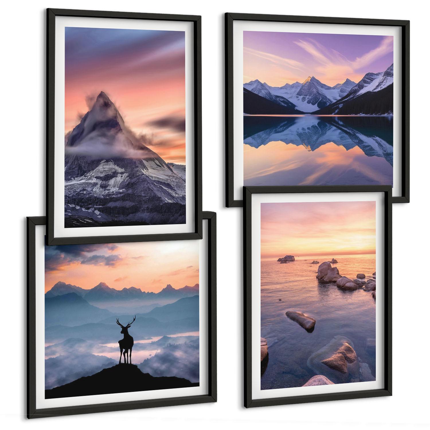 BILDER SET 4er Set - 50x50 cm & 40x60 cm Schwarzer Rahmen - Landschaften Berge Seen jelen - Schwarz, Kunststoff (50/50cm) - TULUP