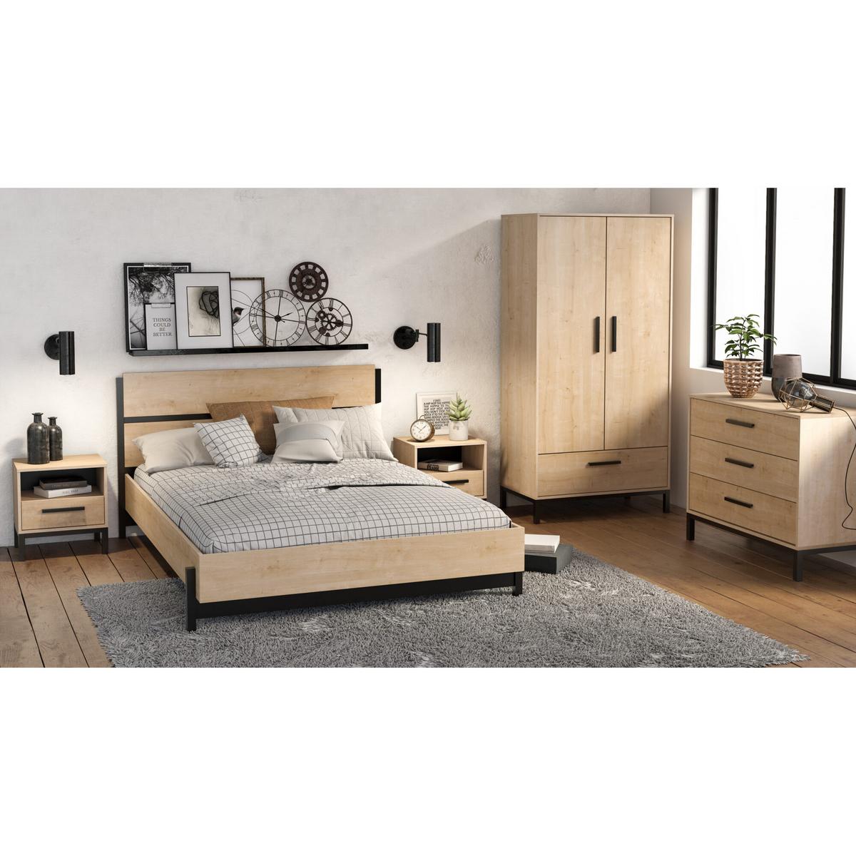 NACHTTISCH mit 1 Schublade und 1 Nische, Dekor Eiche und Mattschwarz Craft - L44,6 cm - Eschefarben, Holzwerkstoff (35.6/47.4/44.6cm) - Demeyere