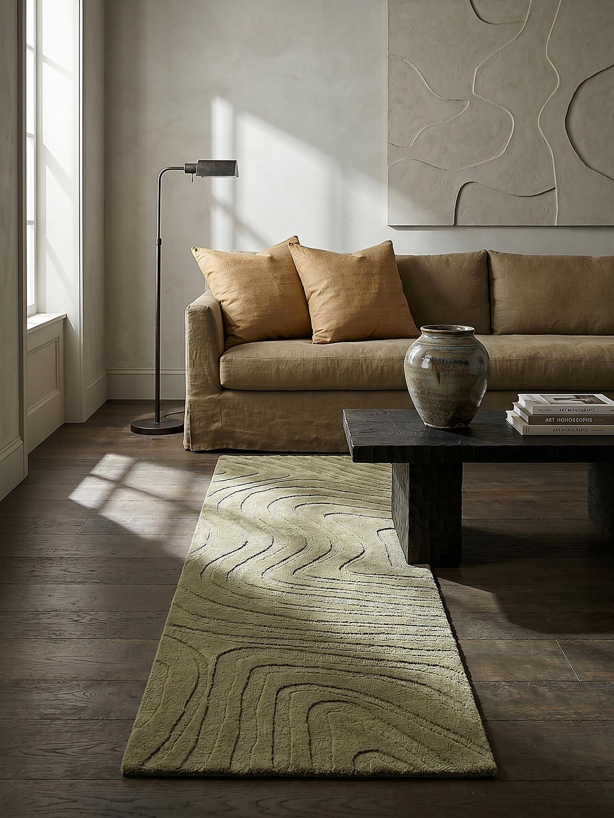 WOLLTEPPICH LEVEN, abstrakt, Olivegrün, 60 x 230 cm - Grün, Textil (230/60cm) - KADIMA DESIGN