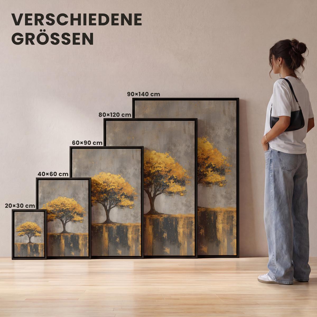 LEINWAND Bilder mit Rahmen - Baum - Blätter - Gold - Abstrakt - 100x150 - Grau, Textil (100/150cm) - MuchoWow