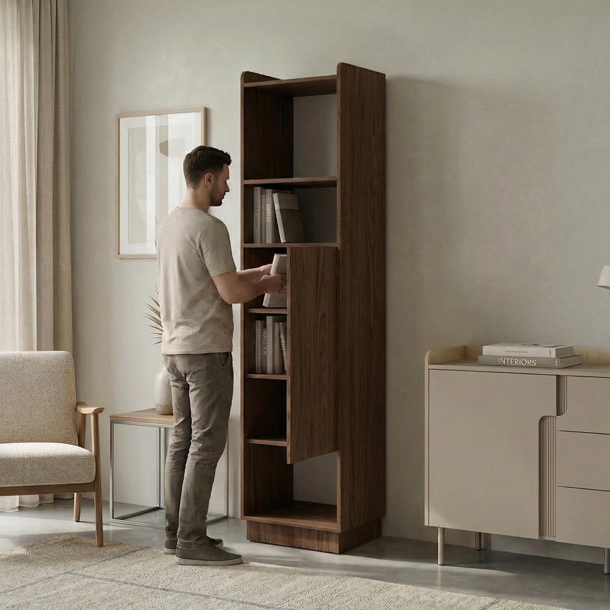 BÜCHERREGAL Positivo mit 1 Tür, 45 cm, Alba-Nuss + Kaschmir - Nussbaumfarben, Holzwerkstoff (45/195/42cm) - Beautysofa
