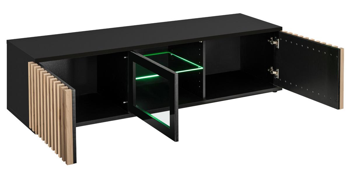 WOHNWAND schwarz, Eiche Jackson 353 cm, Schrankwand mit Push-top-Open und Beleuchtung - Eichefarben/Schwarz, Glas/Holzwerkstoff (340/192/45cm) - Furn.Design