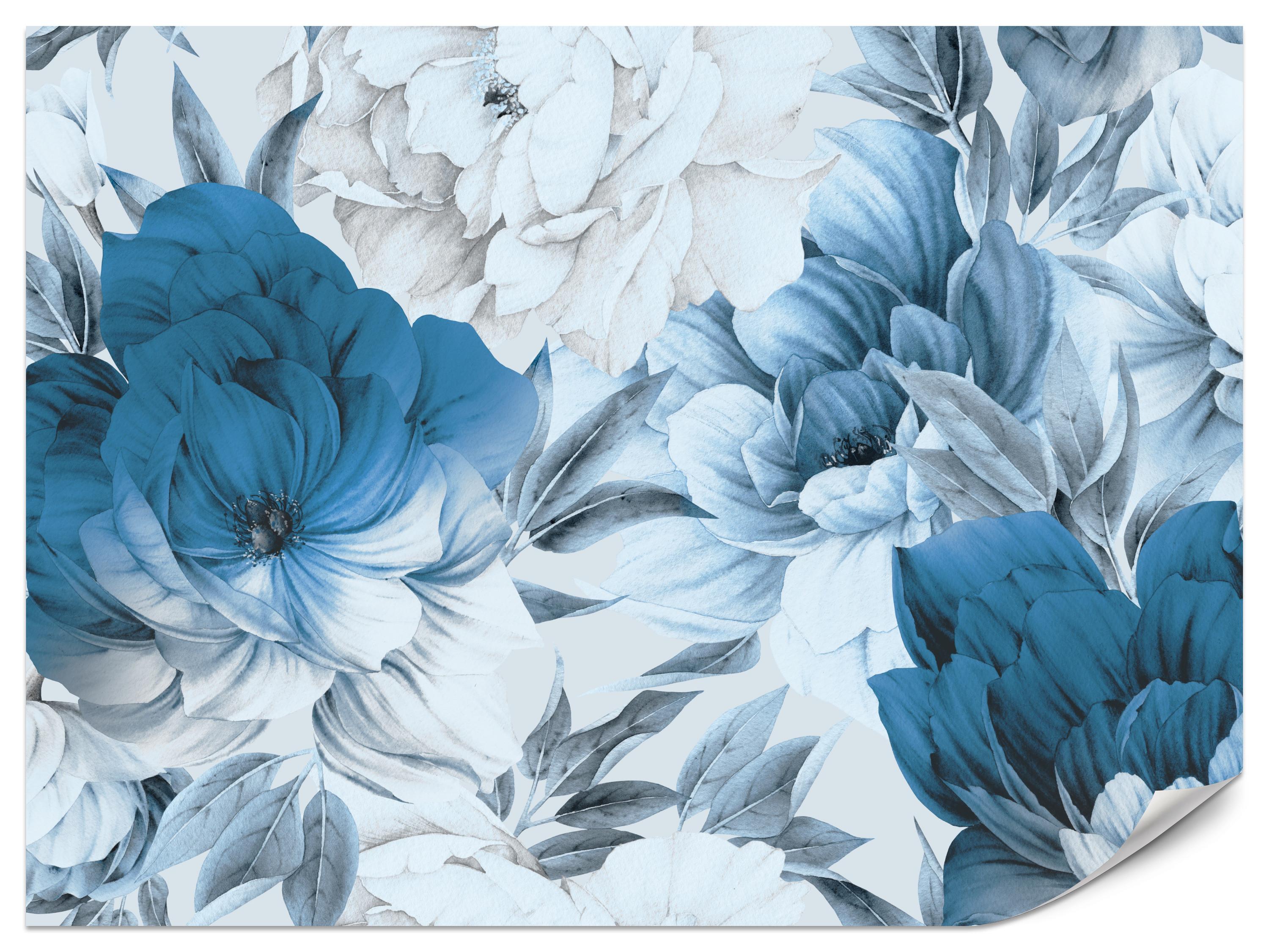FOTOTAPETE für Wohnzimmer Blaue Pfingstrosen Zart Blumen Boho 200x140 - Blau/Weiß, Papier (200/140cm) - Muralo