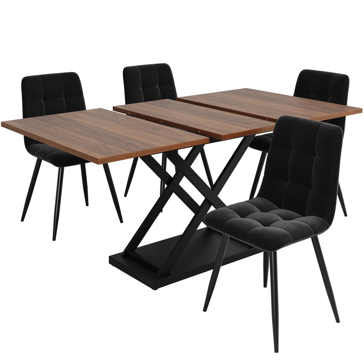 ESSGRUPPE Ausziehbarer Esstisch 120-160cm Nussbaum & 4 Samtstühle Schwarz - Walnussfarben, Holzwerkstoff (160/75/80cm) - Urban Meuble