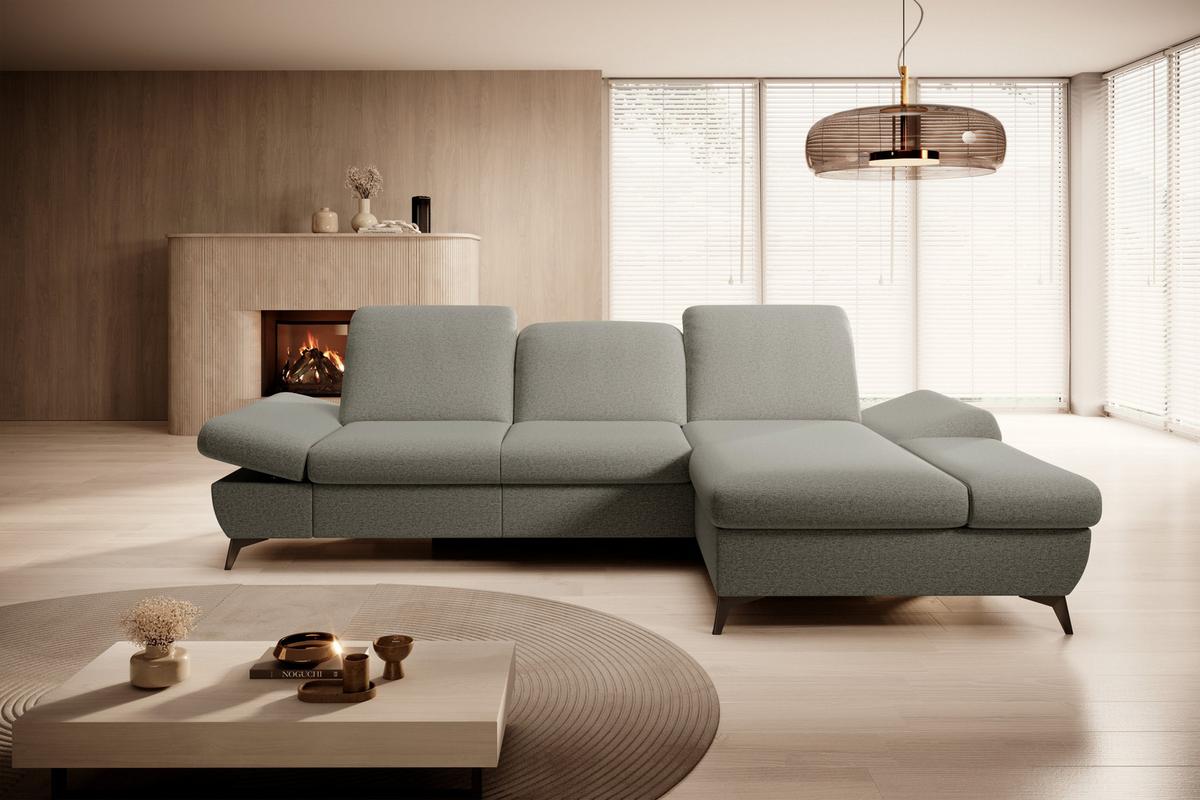 ECKSOFA FELICE R-S Grau Geflochtener Stoff mit Schlaffunktion - Grau, Holz (284/166cm) - MASSENO