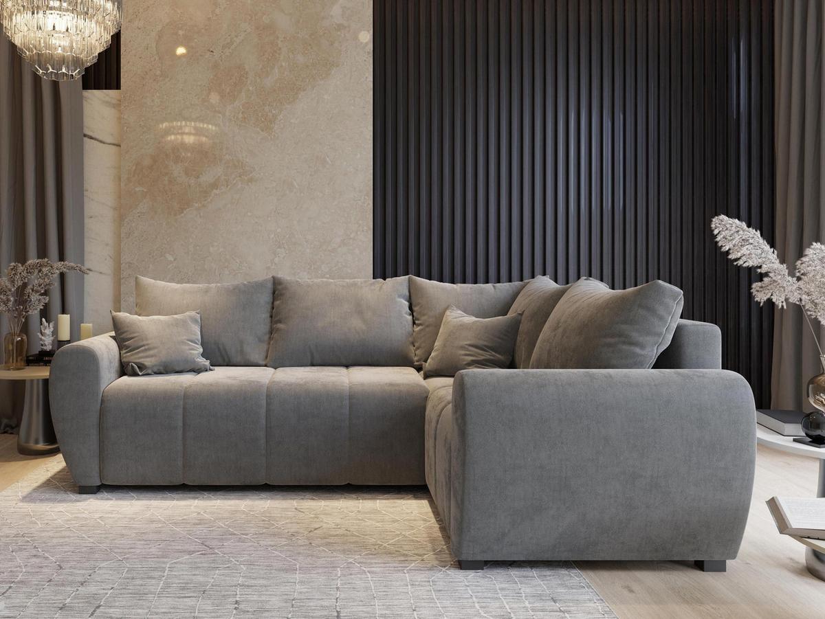 ECKSOFA MADISON L R-S Hellgrau Plüsch-Stoff mit Schlaffunktion - Hellgrau/Schwarz, Holz/Kunststoff (235/175cm) - MASSENO