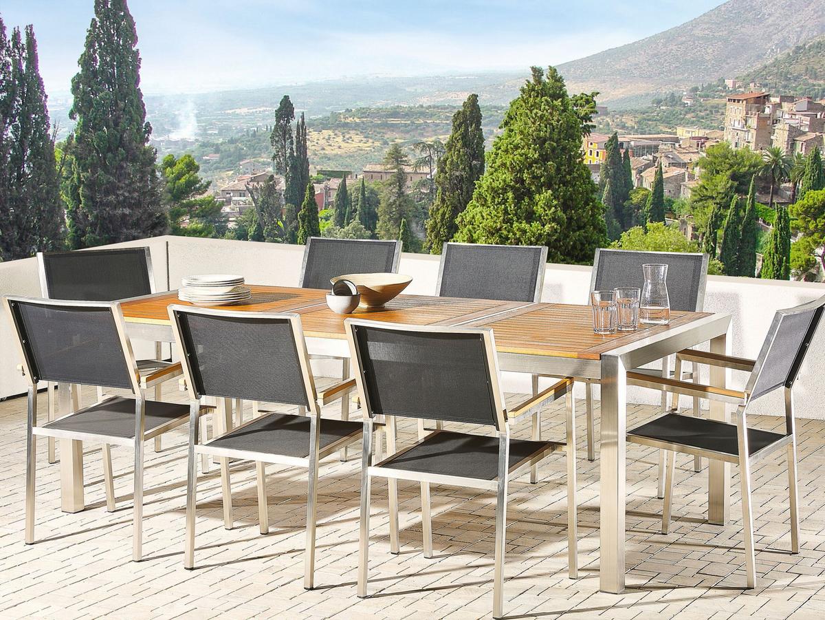 GARTENTISCH Eukalyptusholz hellbraun 220/100 cm Grosseto - Hellbraun/Silberfarben, Metall (220/100/74cm) - Beliani