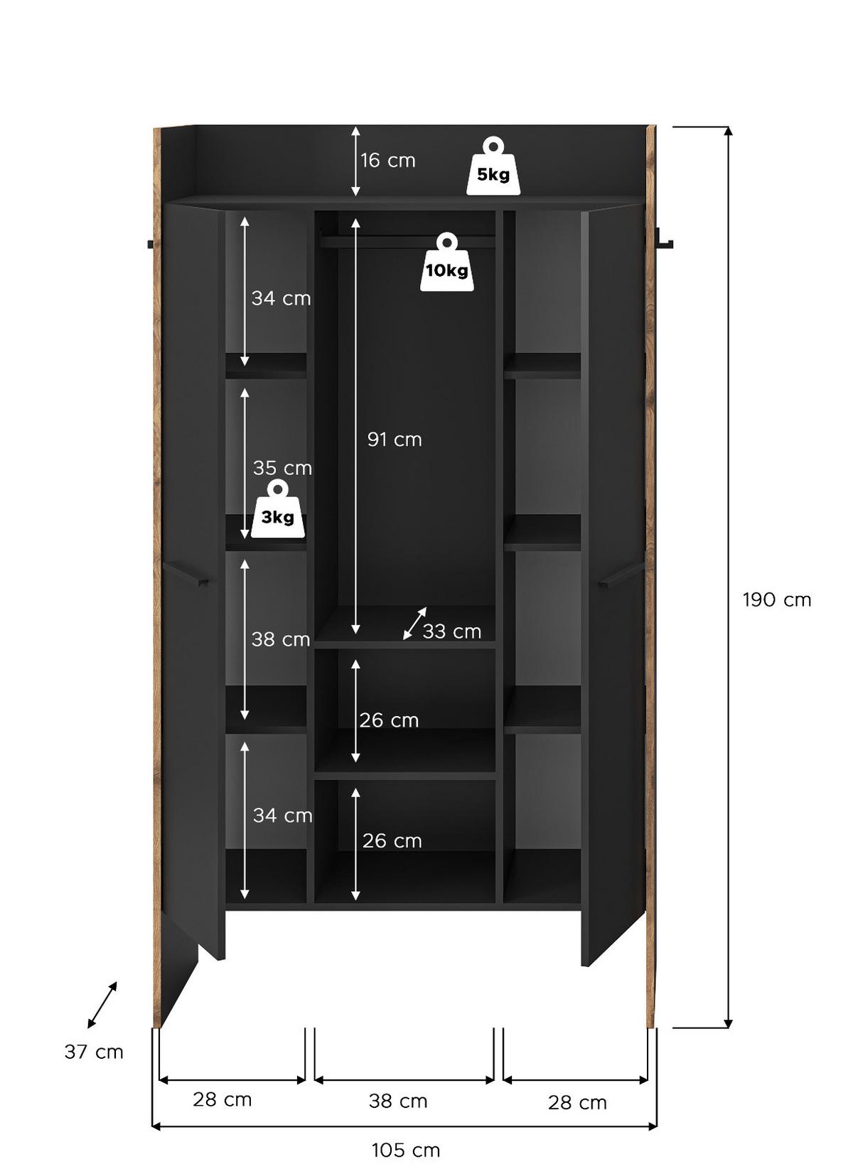 GARDEROBE grau und Nox Eiche, Kompaktgarderobe 105 x 189 cm, Salud - Dunkelgrau/Schwarz, Holzwerkstoff/Kunststoff (105/189/37cm) - Inn.Furn
