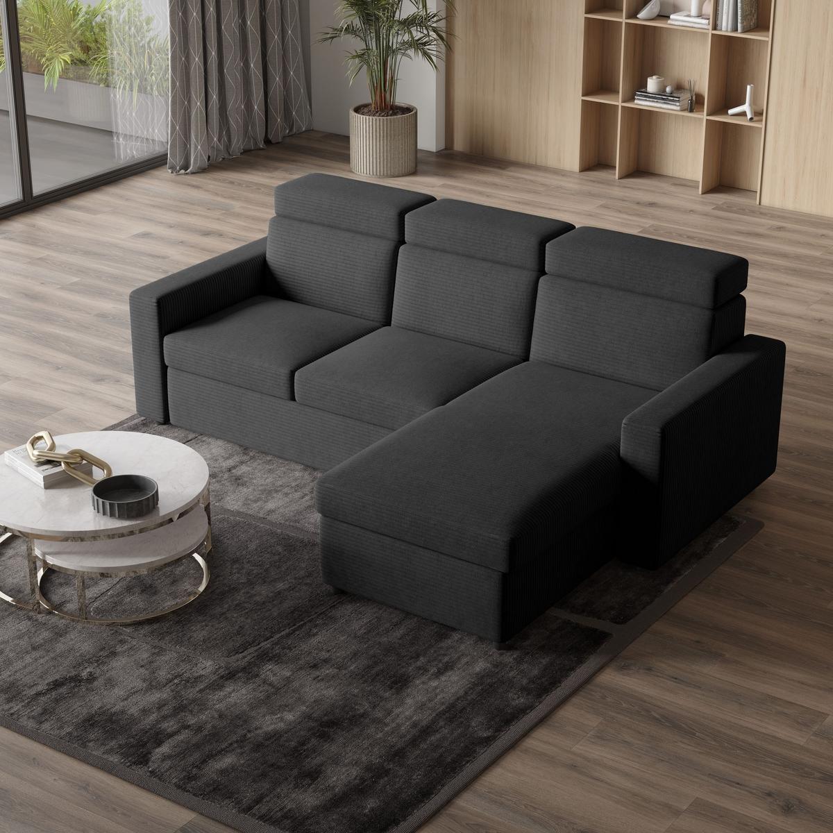 ECKSOFA PADWA Graphitfarben Kordstoff mit Schlaffunktion - Graphitfarben/Schwarz, Holz/Kunststoff (227/168cm) - MASSENO
