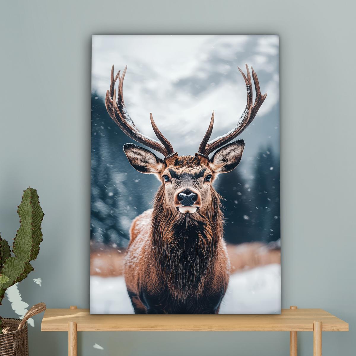 LEINWANDBILD Hirsche - Tiere - Landschaft - Winter - Schnee Wanddeko Schlafzimmer 60x90 cm - Kastanienfarben, Textil (60/90cm) - MuchoWow