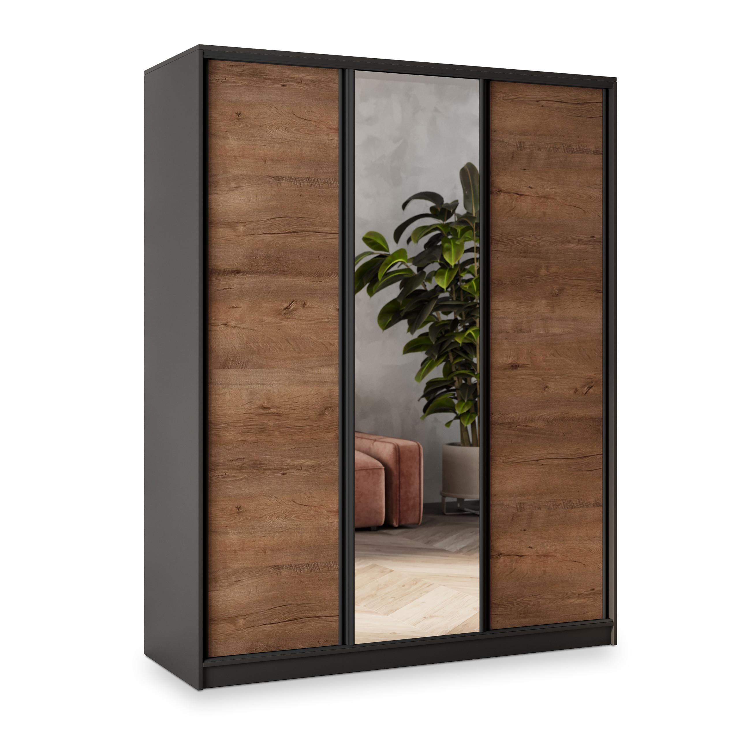 SCHWEBETÜRENSCHRANK SORE 150/205/58 cm 3-türig mit Spiegel und Schubladen Schwarz / Eiche Lefkas - Eichefarben/Schwarz, Holzwerkstoff (150/205/58cm) - MASSENO