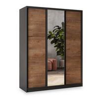 SCHWEBETÜRENSCHRANK SORE 150/205/58 cm 3-türig mit Spiegel und Schubladen Schwarz / Eiche Lefkas - Eichefarben/Schwarz, Holzwerkstoff (150/205/58cm) - MASSENO