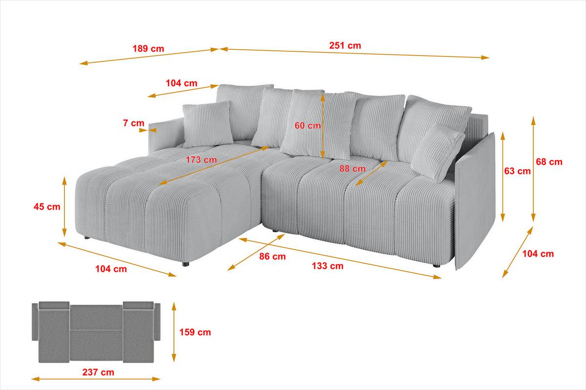 ECKSOFA Ottomane links LONLI-L 251x189x68 Grau Cord - Grau, Holzwerkstoff/Kunststoff (251/189cm) - ALTDECOR
