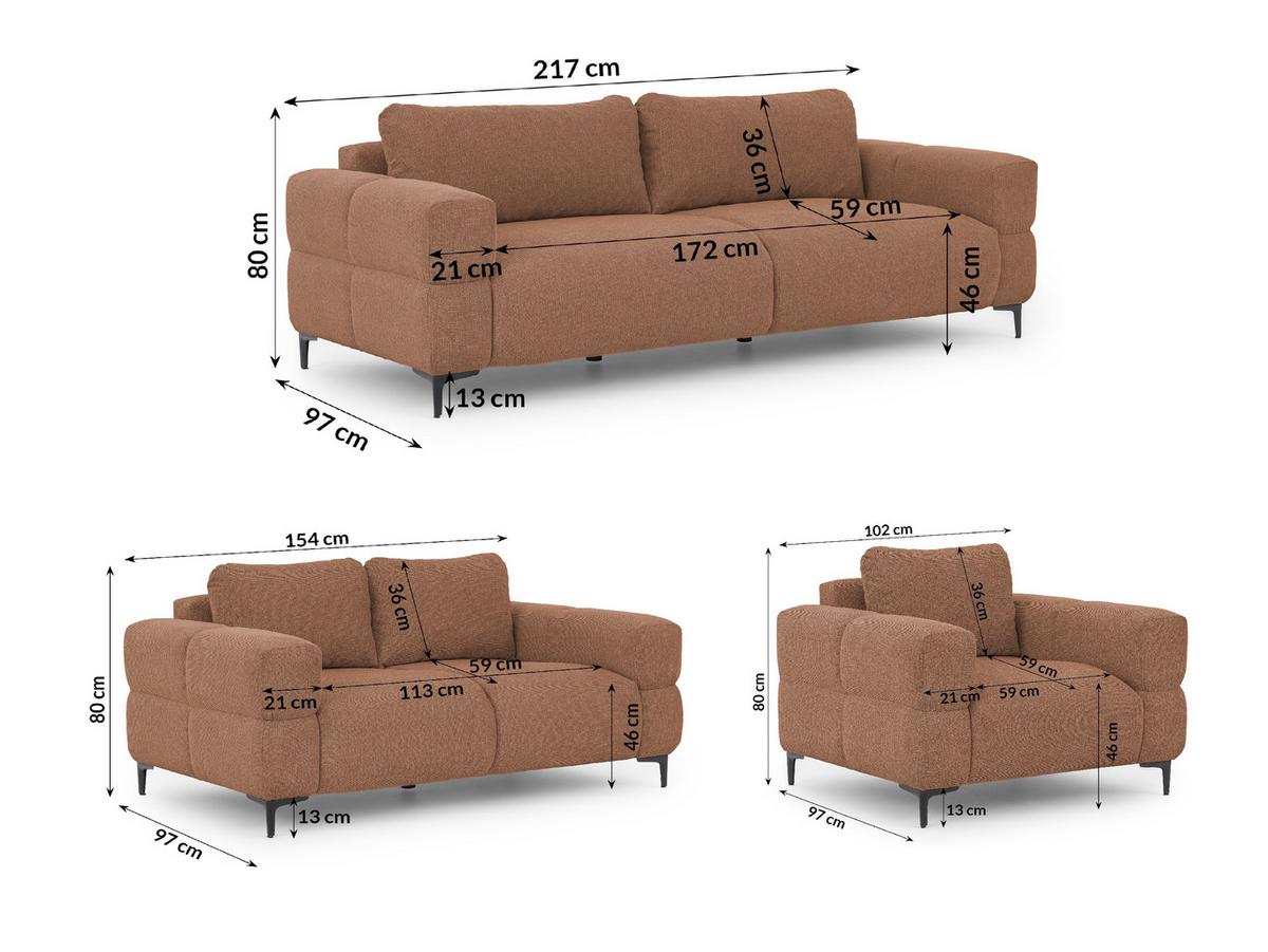 SITZGARNITUR 3+2+1 Cardea in Bubble-Optik aus weichem Terrakotta Strukturstoff mit hohem Sitzkomfort - Terracotta/Schwarz, Holz/Textil (217/80/97cm) - S-Style Möbel