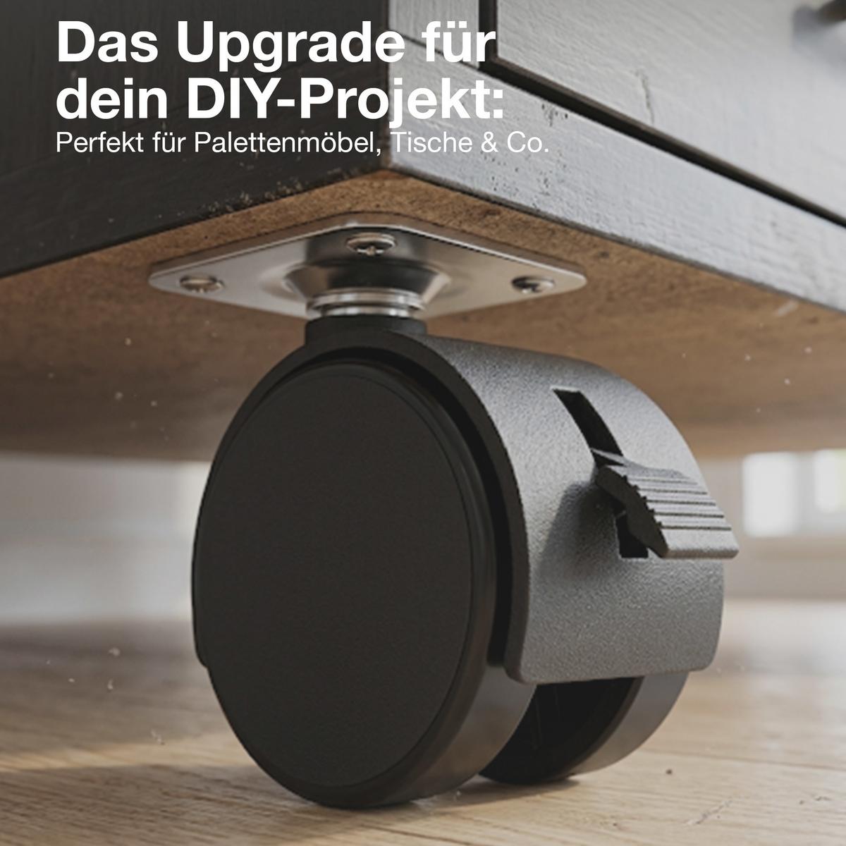 MÖBELROLLEN 40 mm 4er Set mit Bremse - Schwarz, Kunststoff (4/6/8cm) - K-Möbel
