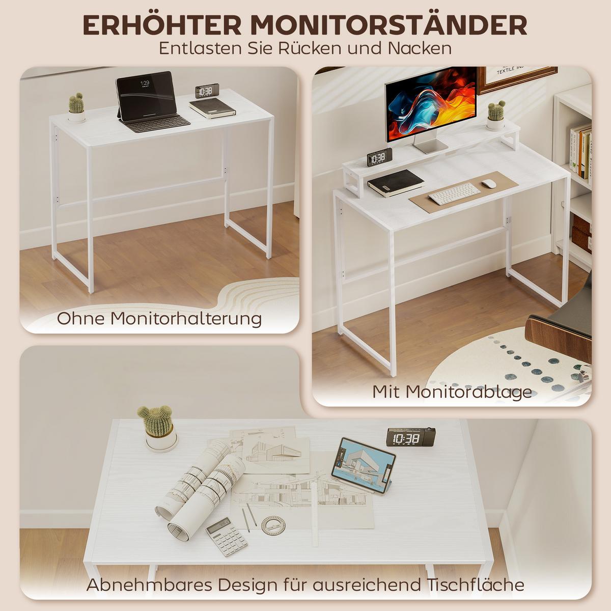 SCHREIBTISCH Klappbar Computertisch mit Monitorhalterung, 100 x 48 x 87,5 cm - Weiß, Holzwerkstoff/Metall (100/48/87.5cm) - HOMCOM