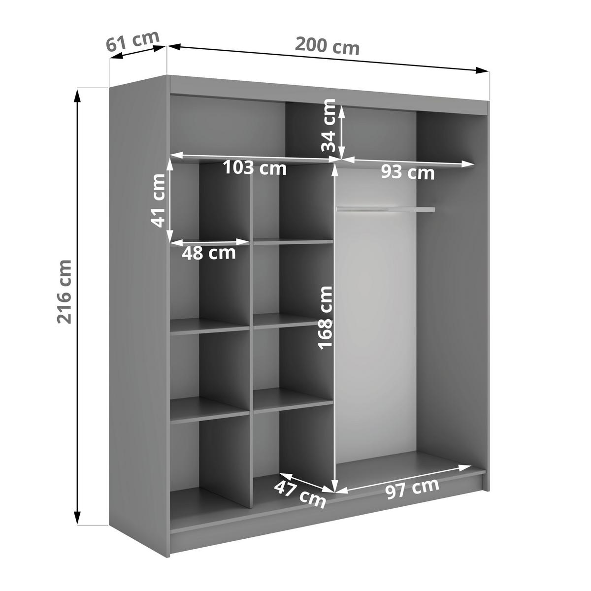 SCHWEBETÜRENSCHRANK mit Spiegel - WALENCJA - 200 - Grau lacobel - Alufarben/Grau, Holzwerkstoff/Metall (200/216/61cm) - MKS