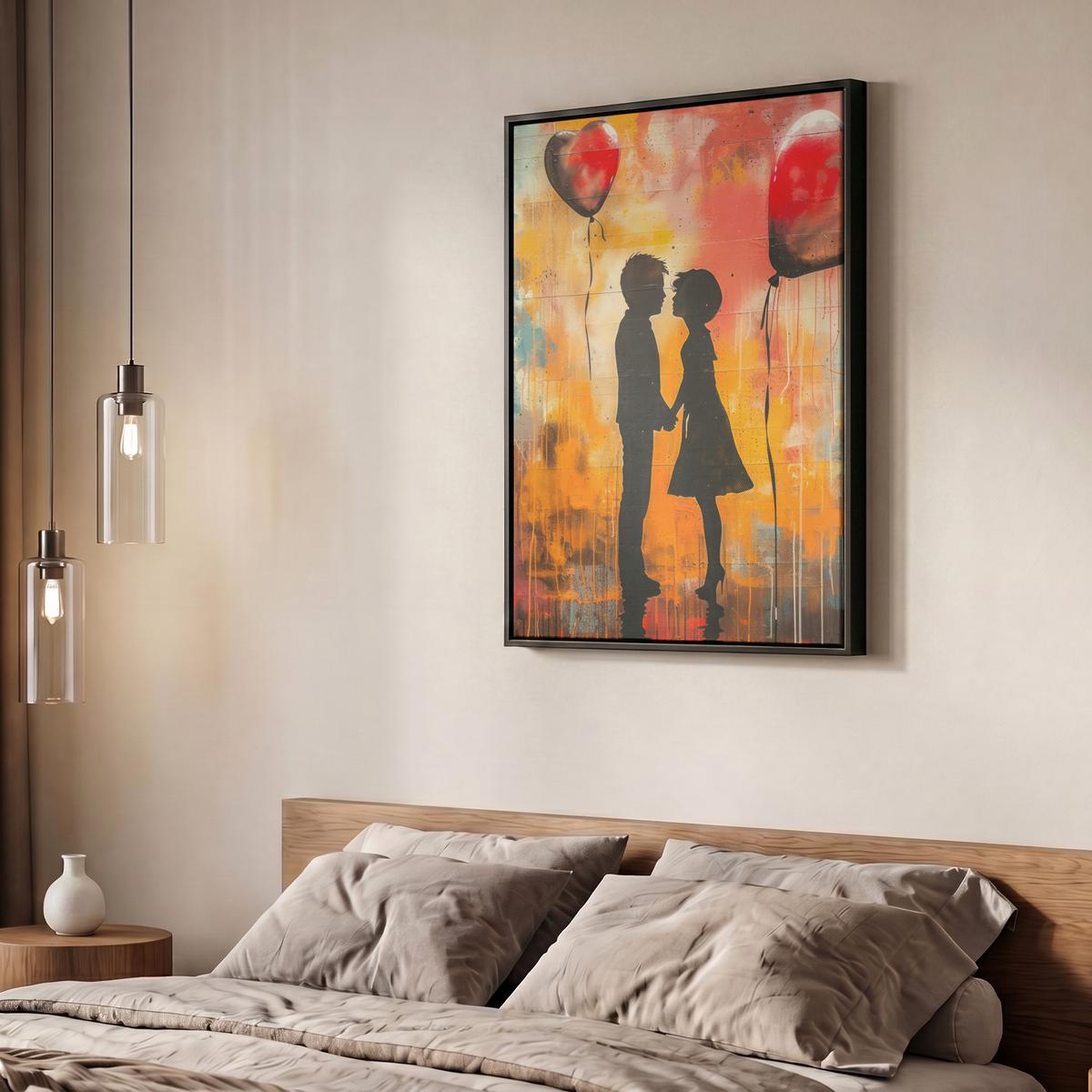 LEINWAND Bilder mit Rahmen - Straßenkunst - Liebe - Graffiti - Kunst - Banksy - 60x80 - Orange, Textil (60/80cm) - MuchoWow