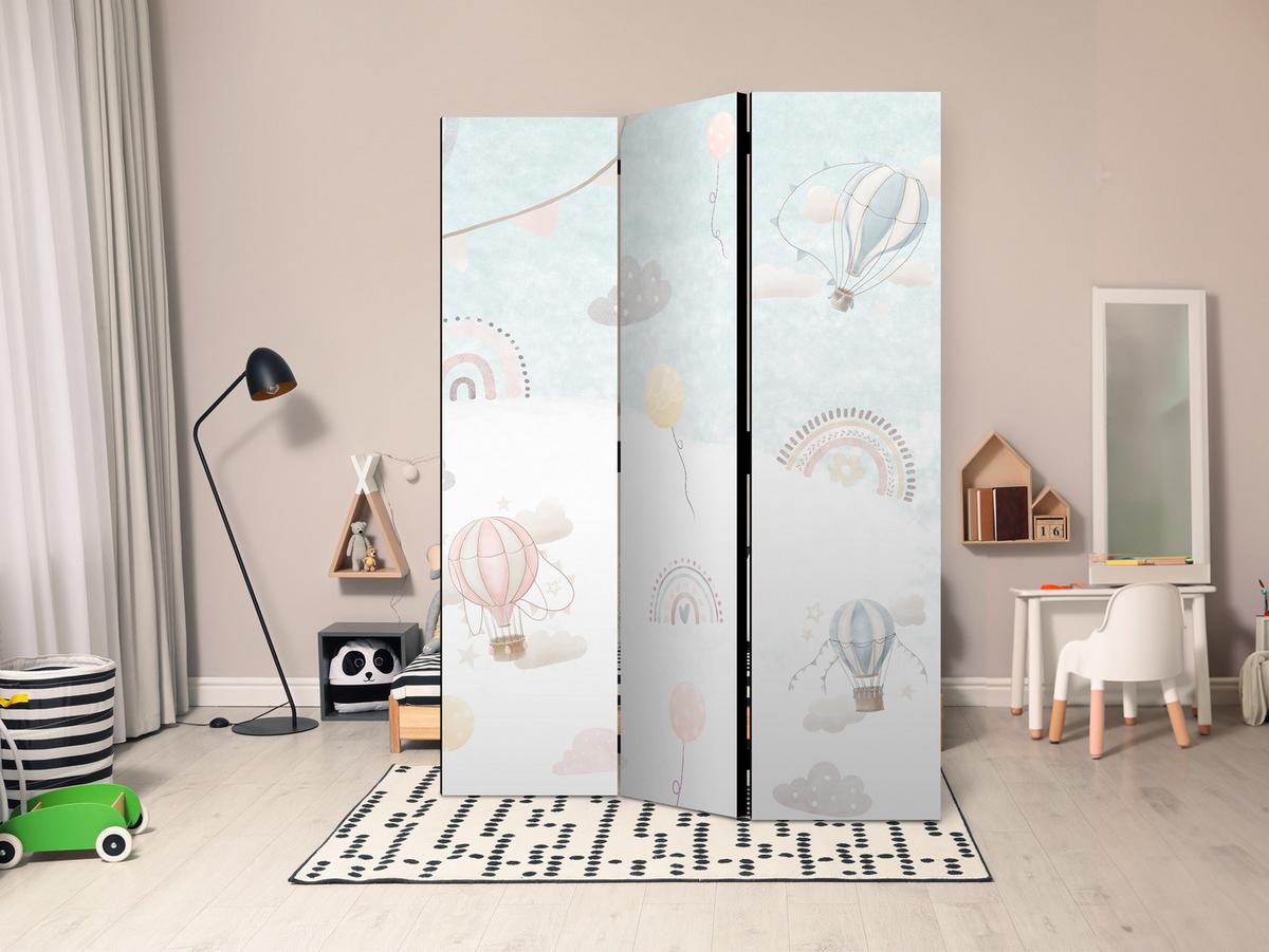 PARAVENT Akustik 3-tlg 135x172 cm Regenbogen Ballons Wolken - Multicolor, Holz/Textil (135/172/3cm) - Muralo