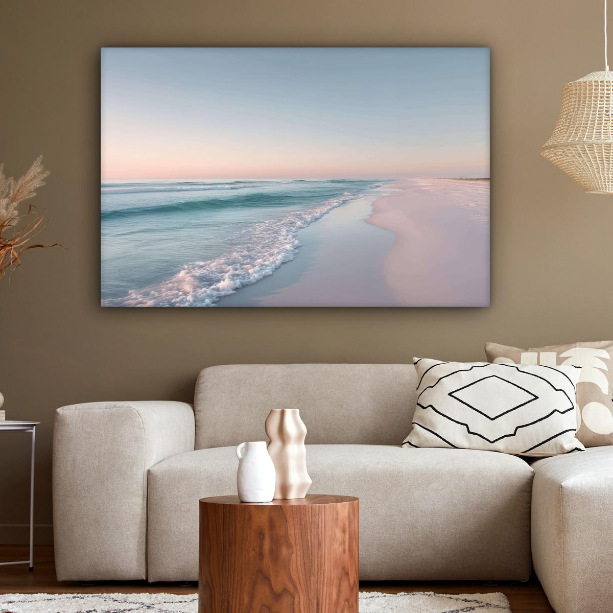 LEINWANDBILD Küstenlinie - Pastell - Wasser Groß 140x90 cm - Pastellblau, Textil (140/90cm) - MuchoWow