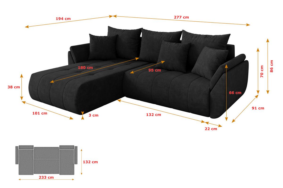 ECKSOFA mit Schlaffunktion Ottomane Links TOKO-L 277x194x86 Schwarz Velours - Schwarz, Holzwerkstoff/Kunststoff (277/194cm) - ALTDECOR