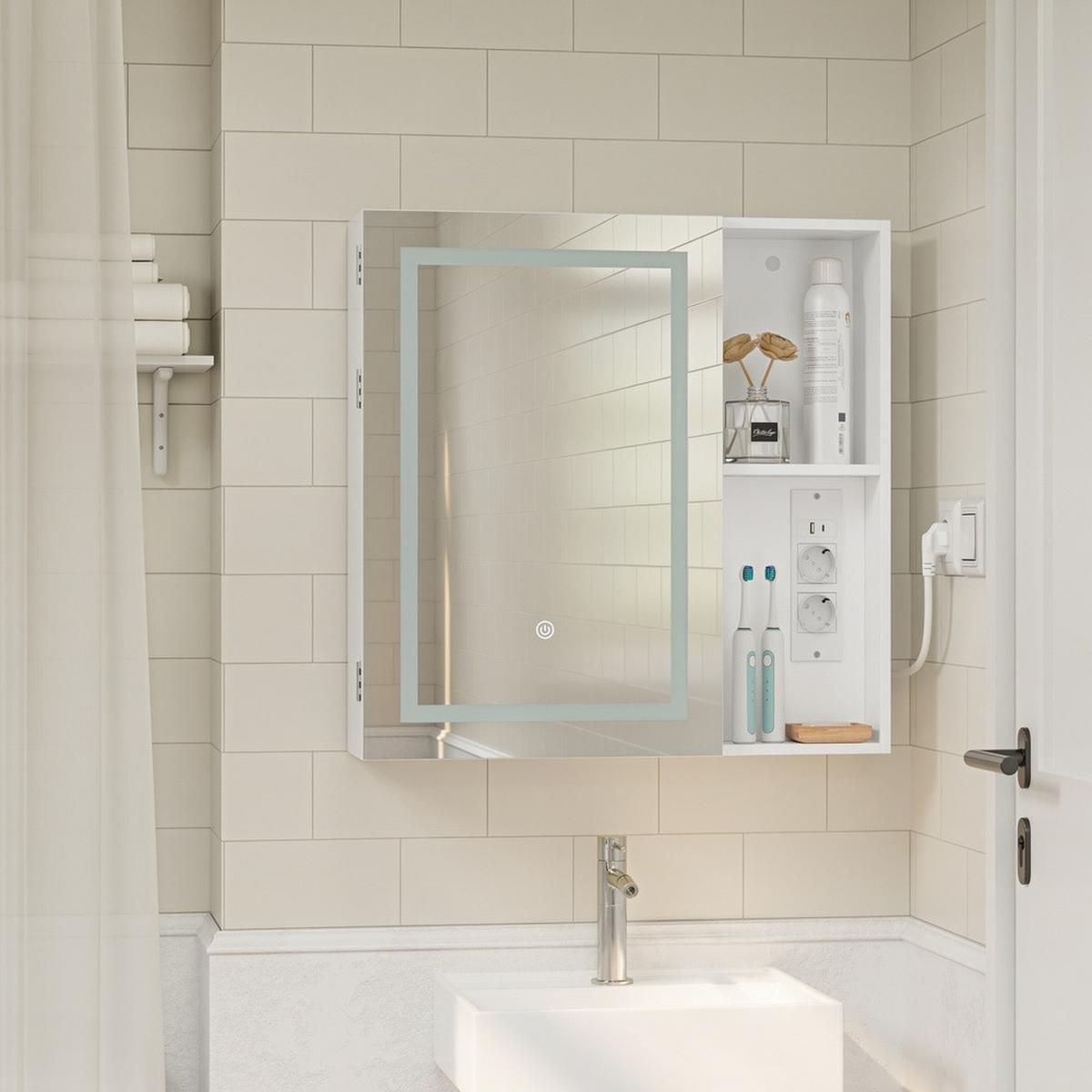 SPIEGELSCHRANK mit LED-Beleuchtung und Steckdosen BZR239-E-W - Ahornfarben, Fell (60/60/15.5cm) - SoBuy