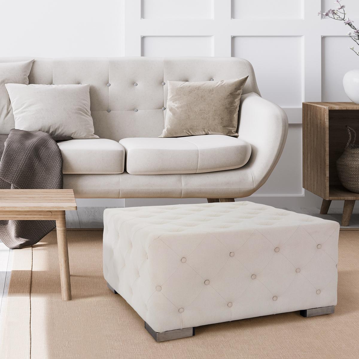 SITZPOUF Creme 90x90x45 cm quadratisch aus Leinen mit Metallfüße - Creme, Holz (90/45/90cm) - WOMO-DESIGN