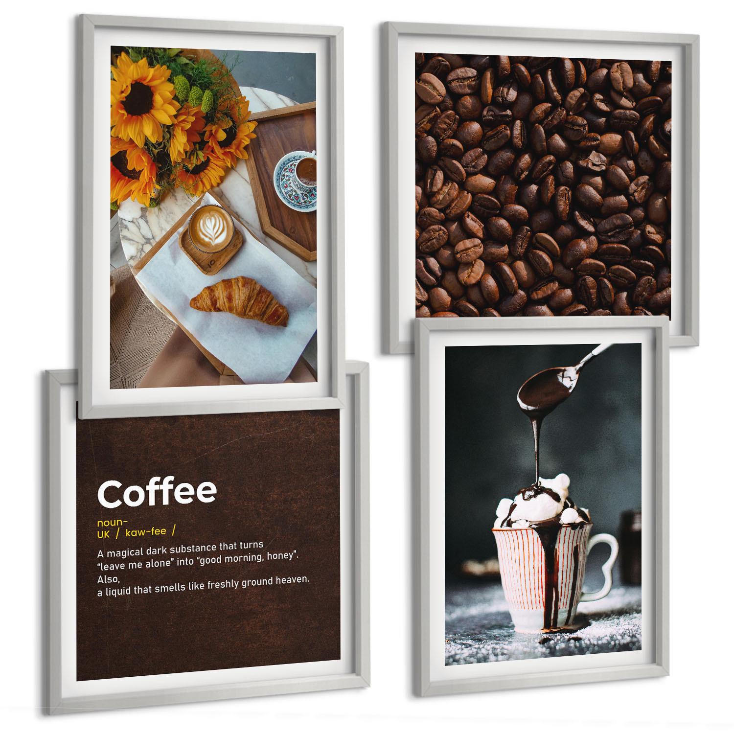 BILDER SET 4er Set - 50x50 cm & 40x60 cm Silberner Rahmen - Italienische Frühstückskaffeebohnen - Silberfarben, Kunststoff (50/50cm) - TULUP